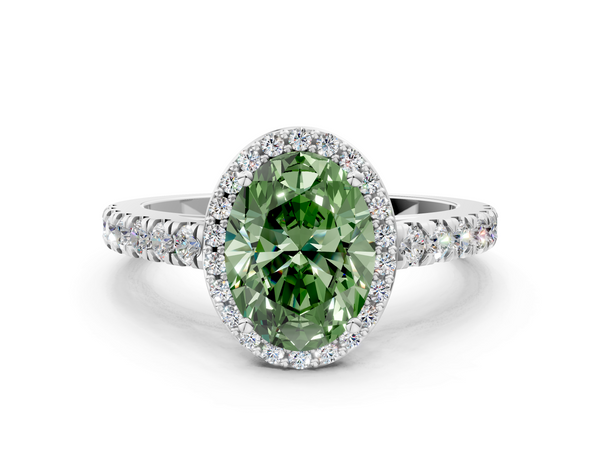 Platinum Fancy Green Oval  Cut Halo Diamond Engagement Ring with Pave Band and Four-Prong Setting