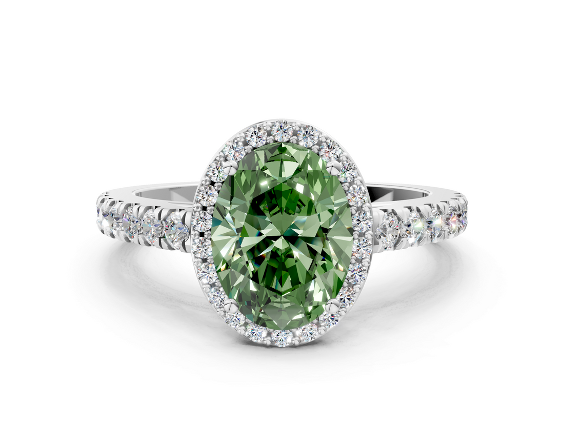 White gold Fancy Green Oval  Cut Halo Diamond Engagement Ring with Pave Band and Four-Prong Setting_28