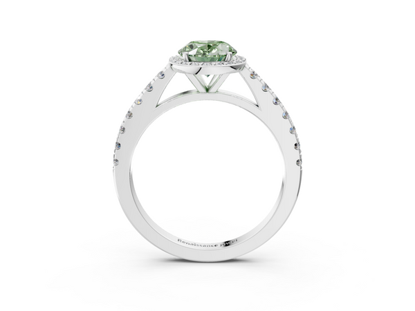 Platinum Fancy Green Oval  Cut Halo Diamond Engagement Ring with Pave Band and Four-Prong Setting