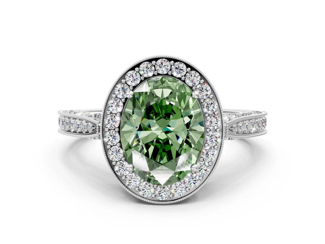 White gold Fancy Green Oval Cut Halo Diamond Engagement Ring with Split Shank Band and Four-Prong Setting_12
