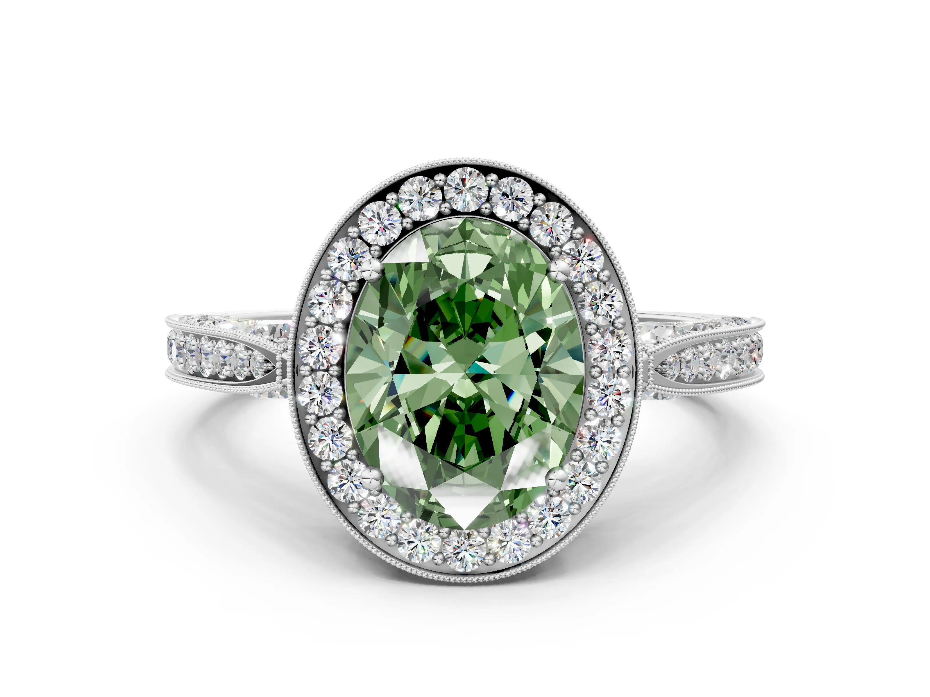 White gold Fancy Green Oval Cut Halo Diamond Engagement Ring with Split Shank Band and Four-Prong Setting_12