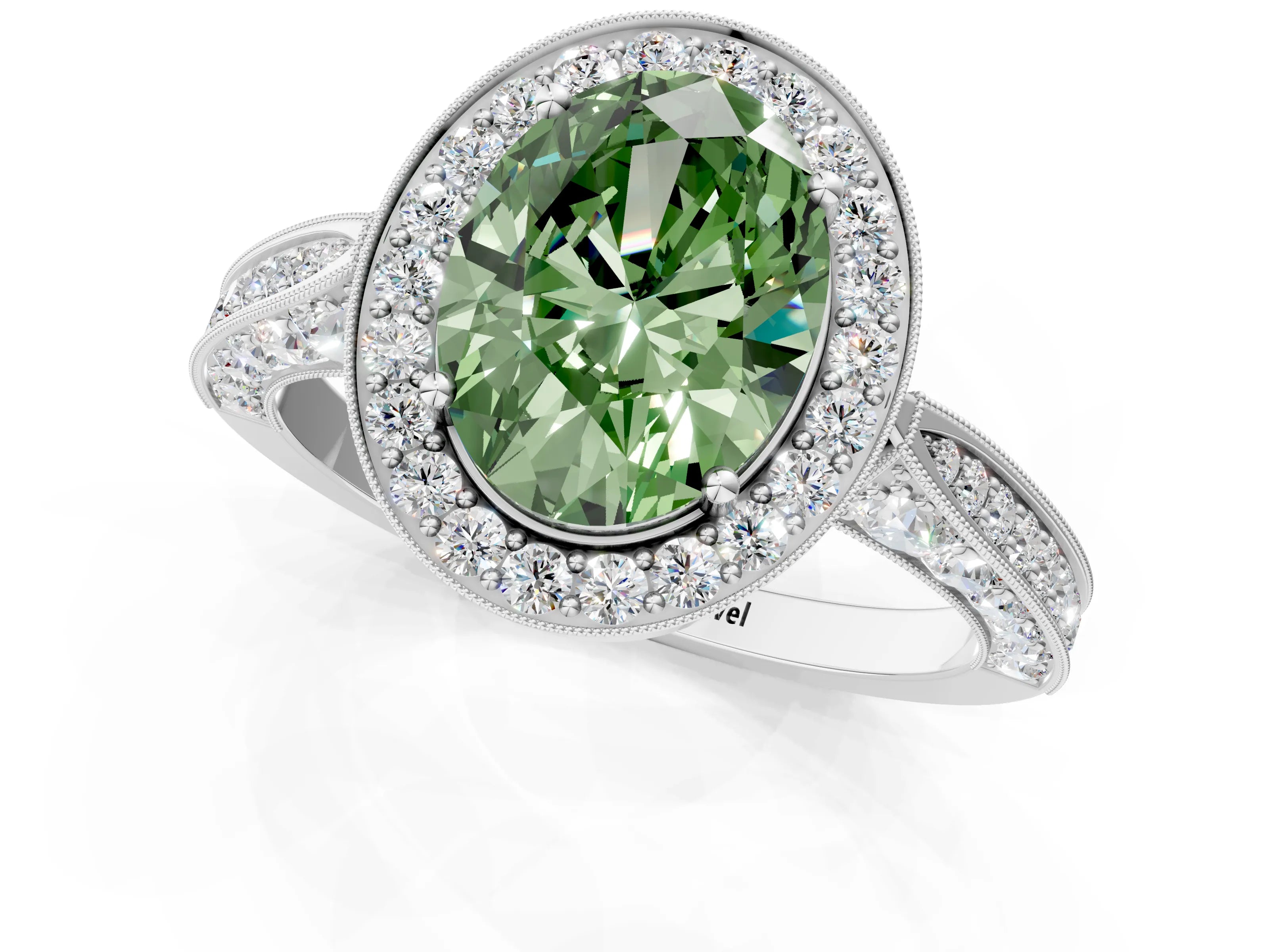 White gold Fancy Green Oval Cut Halo Diamond Engagement Ring with Split Shank Band and Four-Prong Setting_13