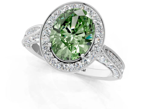 White gold Fancy Green Oval Cut Halo Diamond Engagement Ring with Split Shank Band and Four-Prong Setting_13
