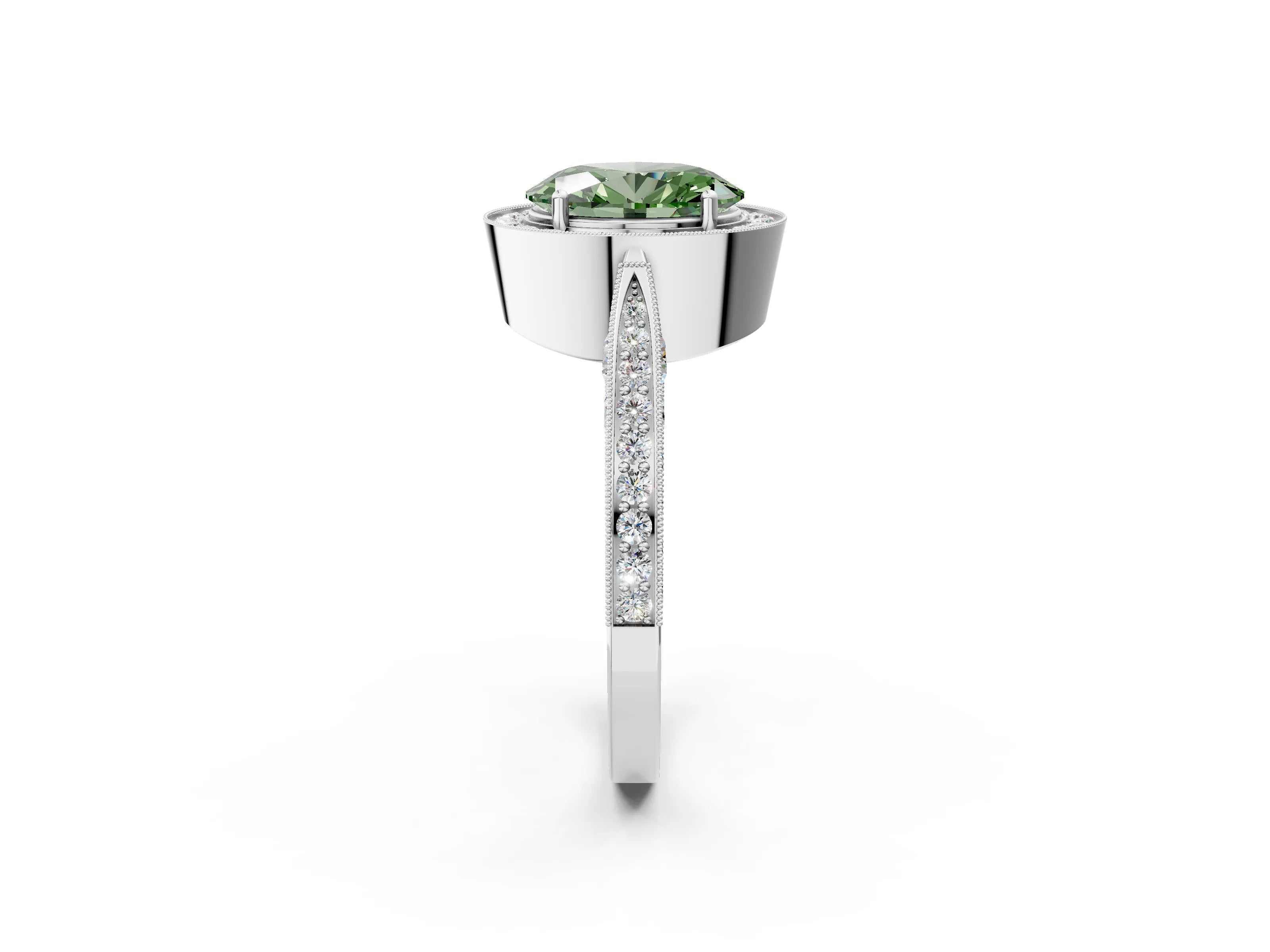 White gold Fancy Green Oval Cut Halo Diamond Engagement Ring with Split Shank Band and Four-Prong Setting_14