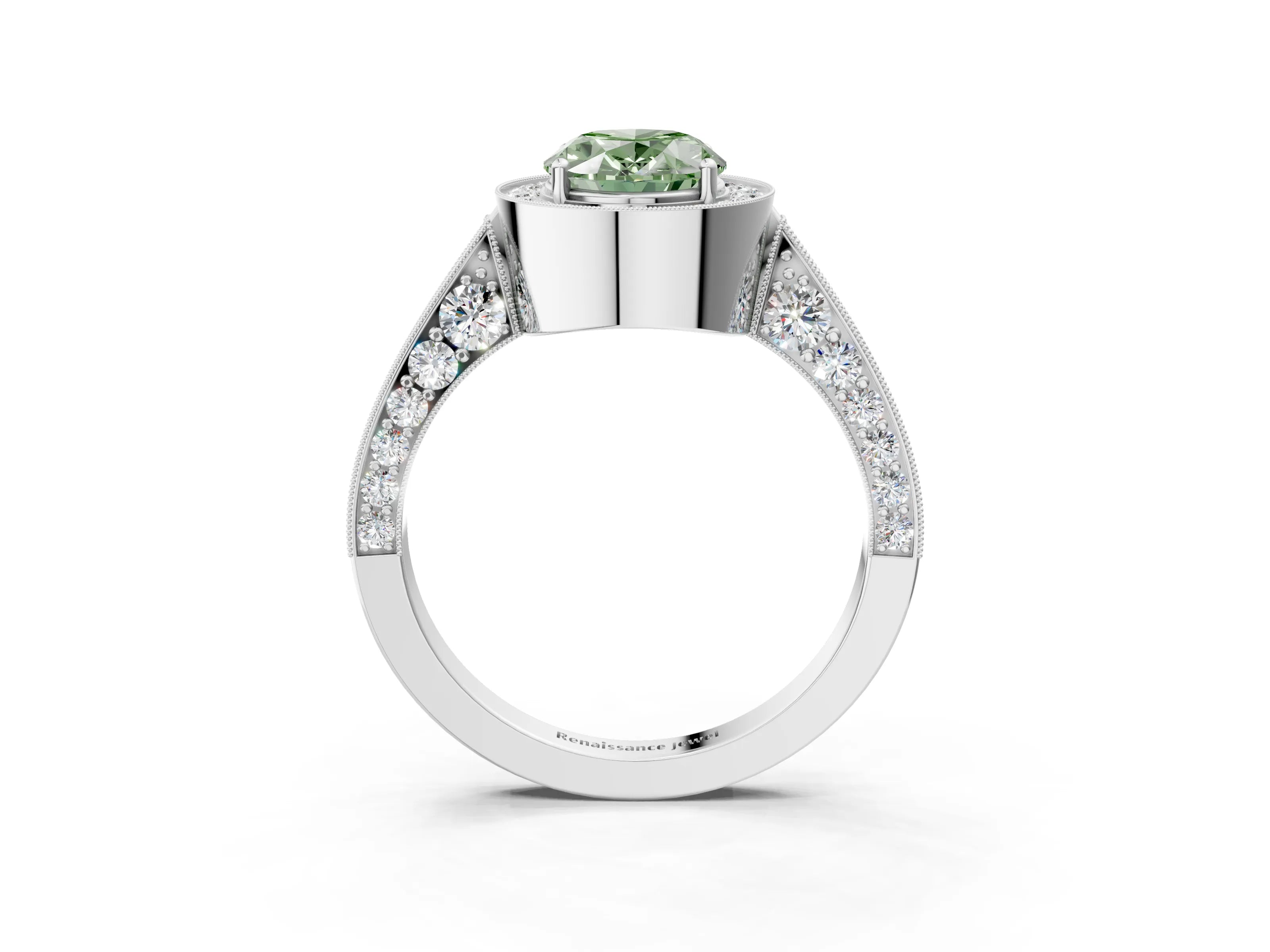 White gold Fancy Green Oval Cut Halo Diamond Engagement Ring with Split Shank Band and Four-Prong Setting_15