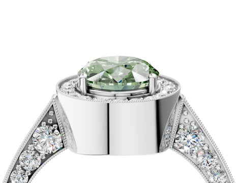 White gold Fancy Green Oval Cut Halo Diamond Engagement Ring with Split Shank Band and Four-Prong Setting_16