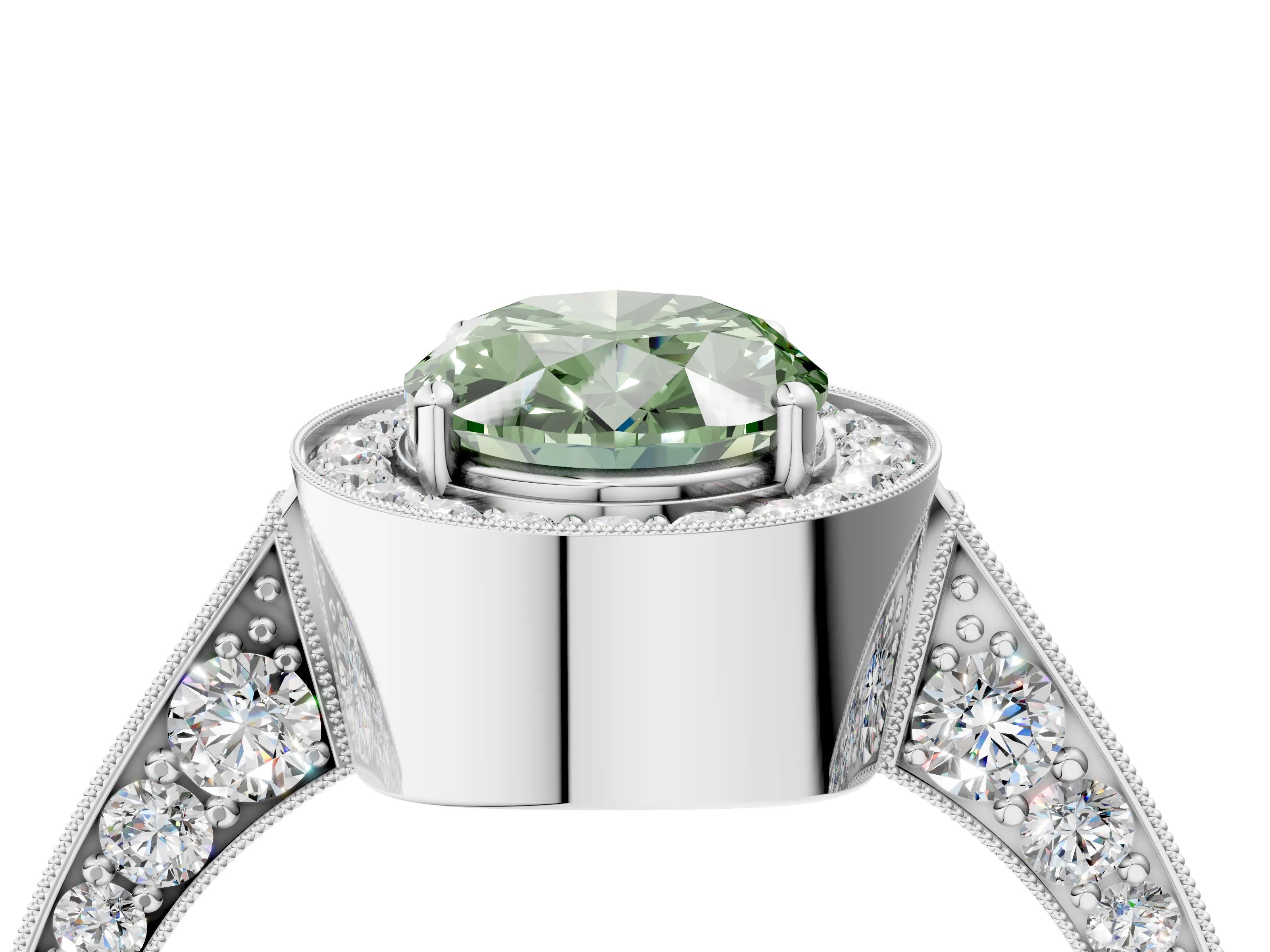 White gold Fancy Green Oval Cut Halo Diamond Engagement Ring with Split Shank Band and Four-Prong Setting_16