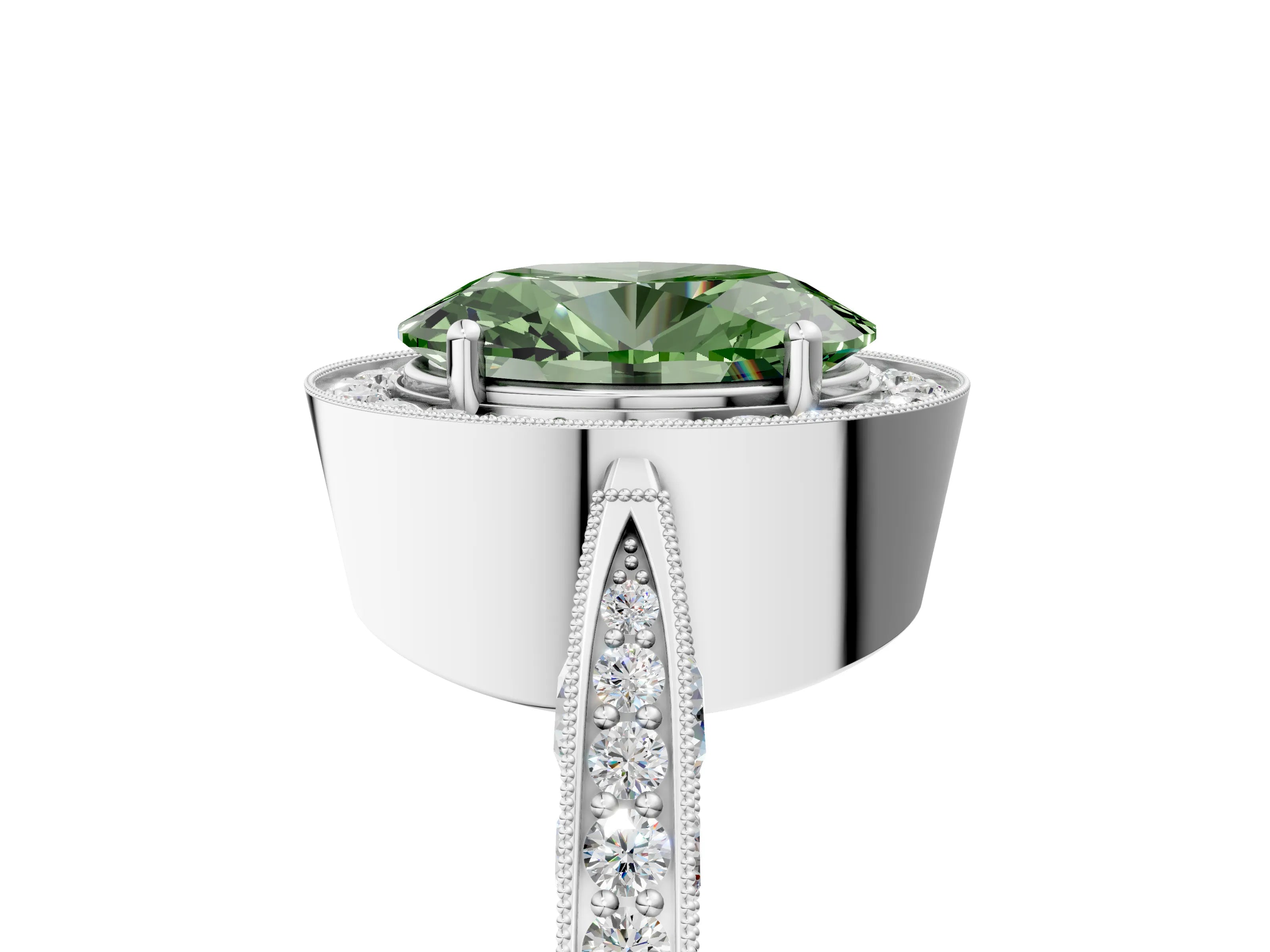 White gold Fancy Green Oval Cut Halo Diamond Engagement Ring with Split Shank Band and Four-Prong Setting_17