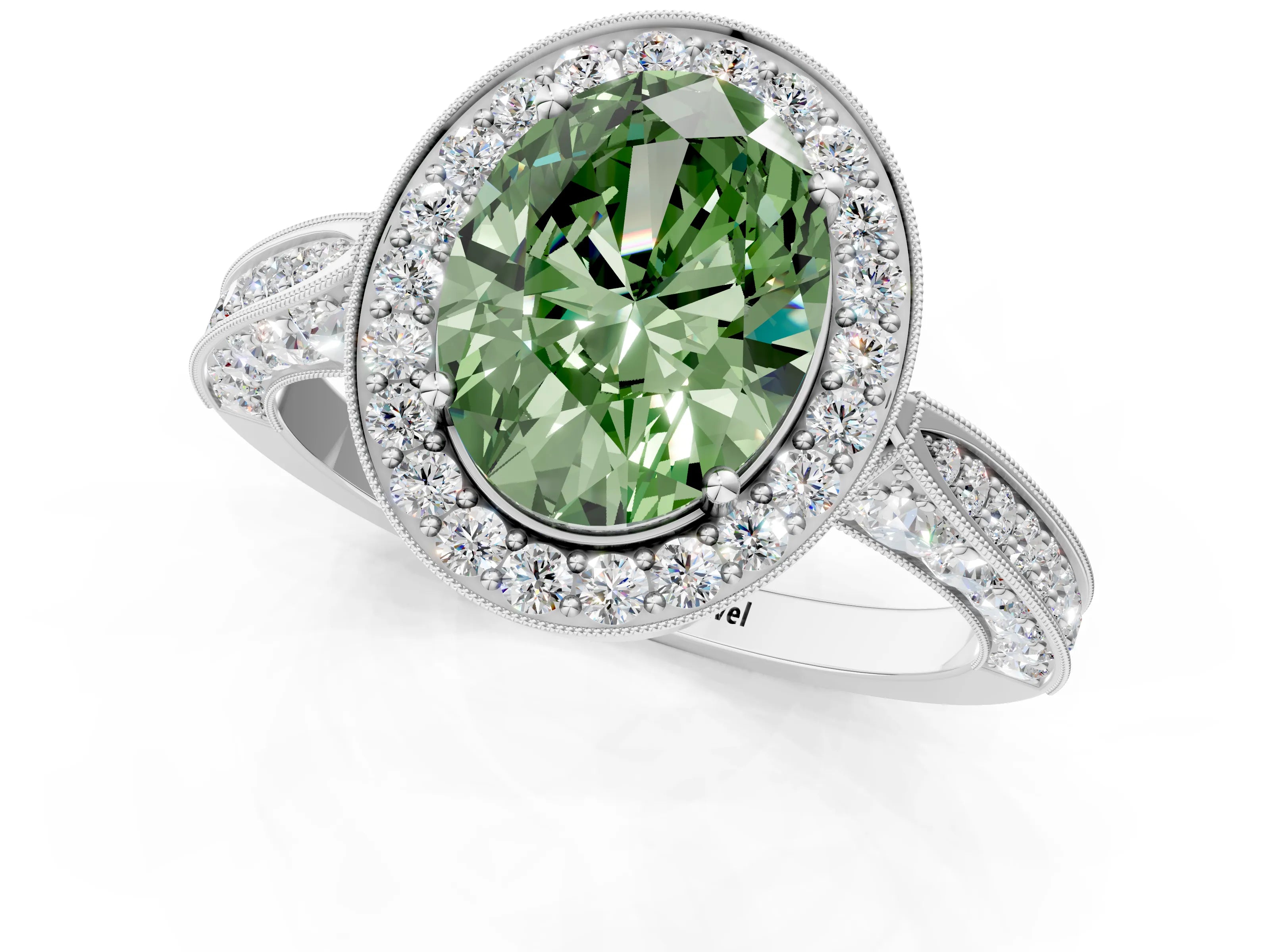 White gold Fancy Green Oval Cut Halo Diamond Engagement Ring with Split Shank Band and Four-Prong Setting_1