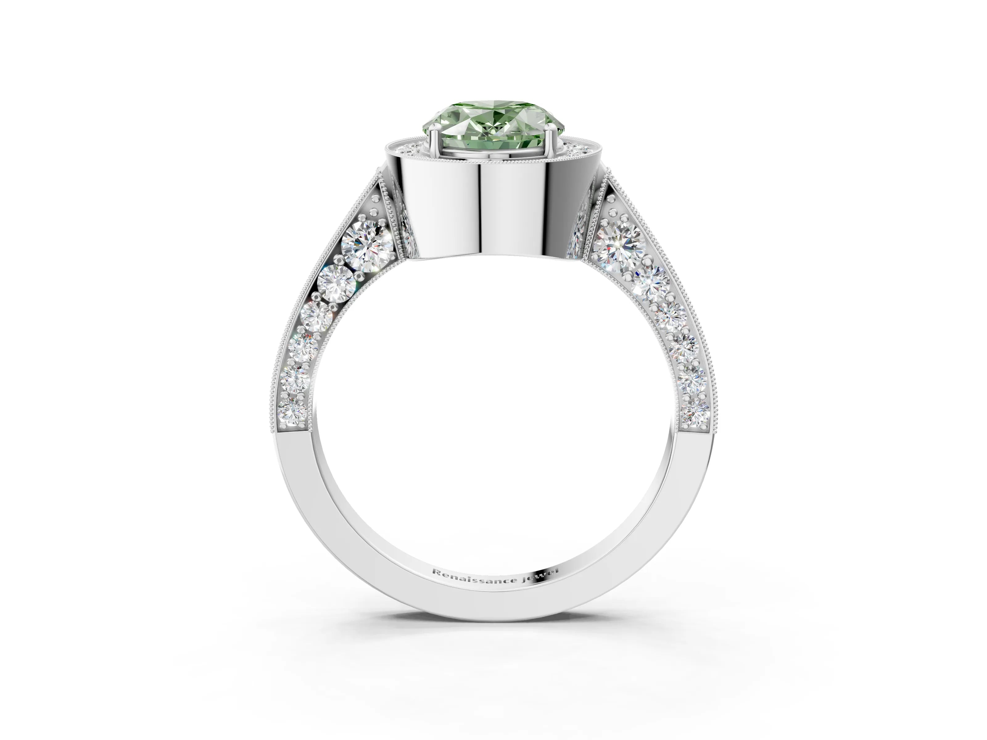 White gold Fancy Green Oval Cut Halo Diamond Engagement Ring with Split Shank Band and Four-Prong Setting_3