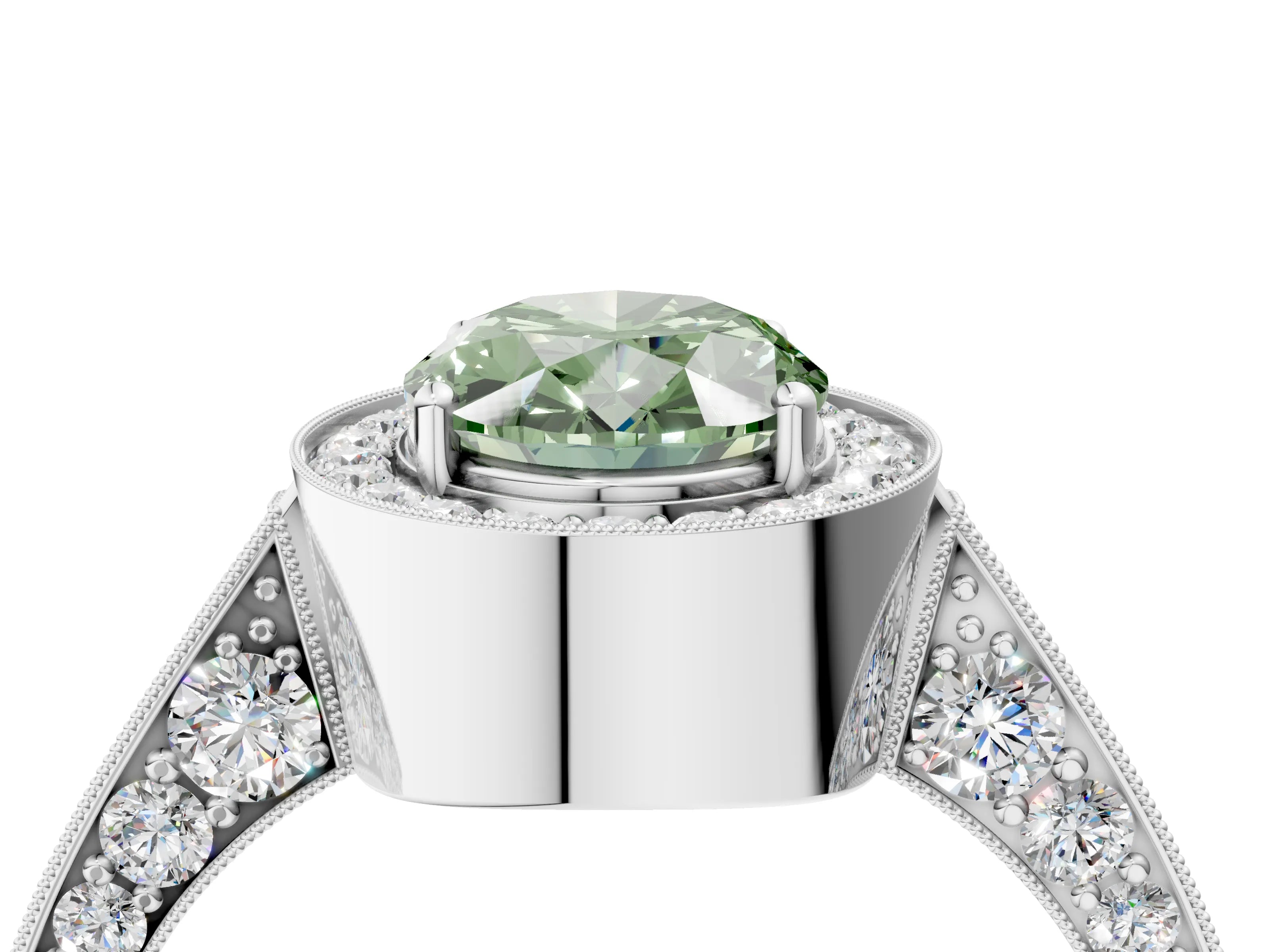 White gold Fancy Green Oval Cut Halo Diamond Engagement Ring with Split Shank Band and Four-Prong Setting_4