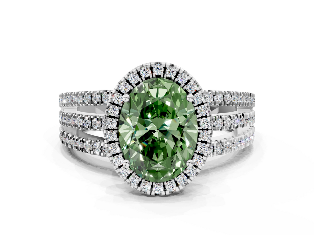 White gold Fancy Green Oval  Cut Halo Diamond Engagement Ring with Split Shank and Four-Prong Setting_20