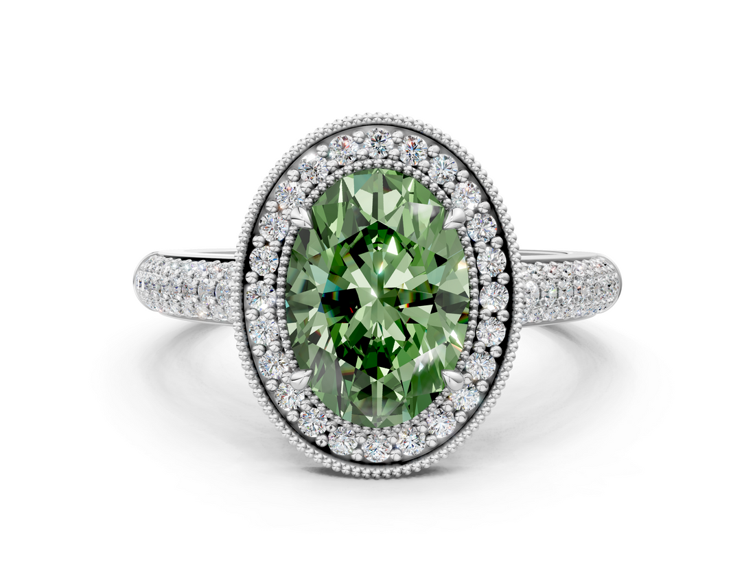 White gold Fancy Green Oval  Cut Halo Diamond Pave Band with Four-Prong Setting_37