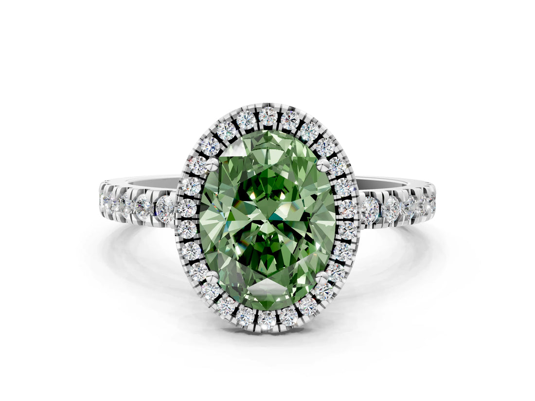 White gold Fancy Green Oval Cut Halo Diamond Pave Band with Prong Setting