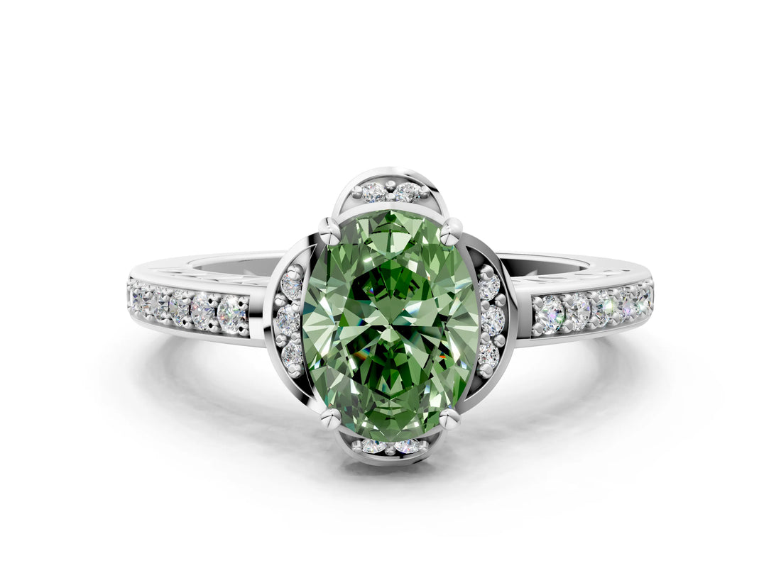 White gold Fancy Green Oval  Cut Halo Diamond Ring with Channel Set Band and Four-Prong Setting_61