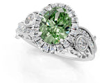 White gold Fancy Green Oval Cut Halo Diamond Ring with Milgrain and Bezel Accents on a Split Shank Band_1