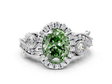 White gold Fancy Green Oval Cut Halo Diamond Ring with Milgrain and Bezel Accents on a Split Shank Band_12