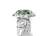 White gold Fancy Green Oval Cut Halo Diamond Ring with Milgrain and Bezel Accents on a Split Shank Band_17