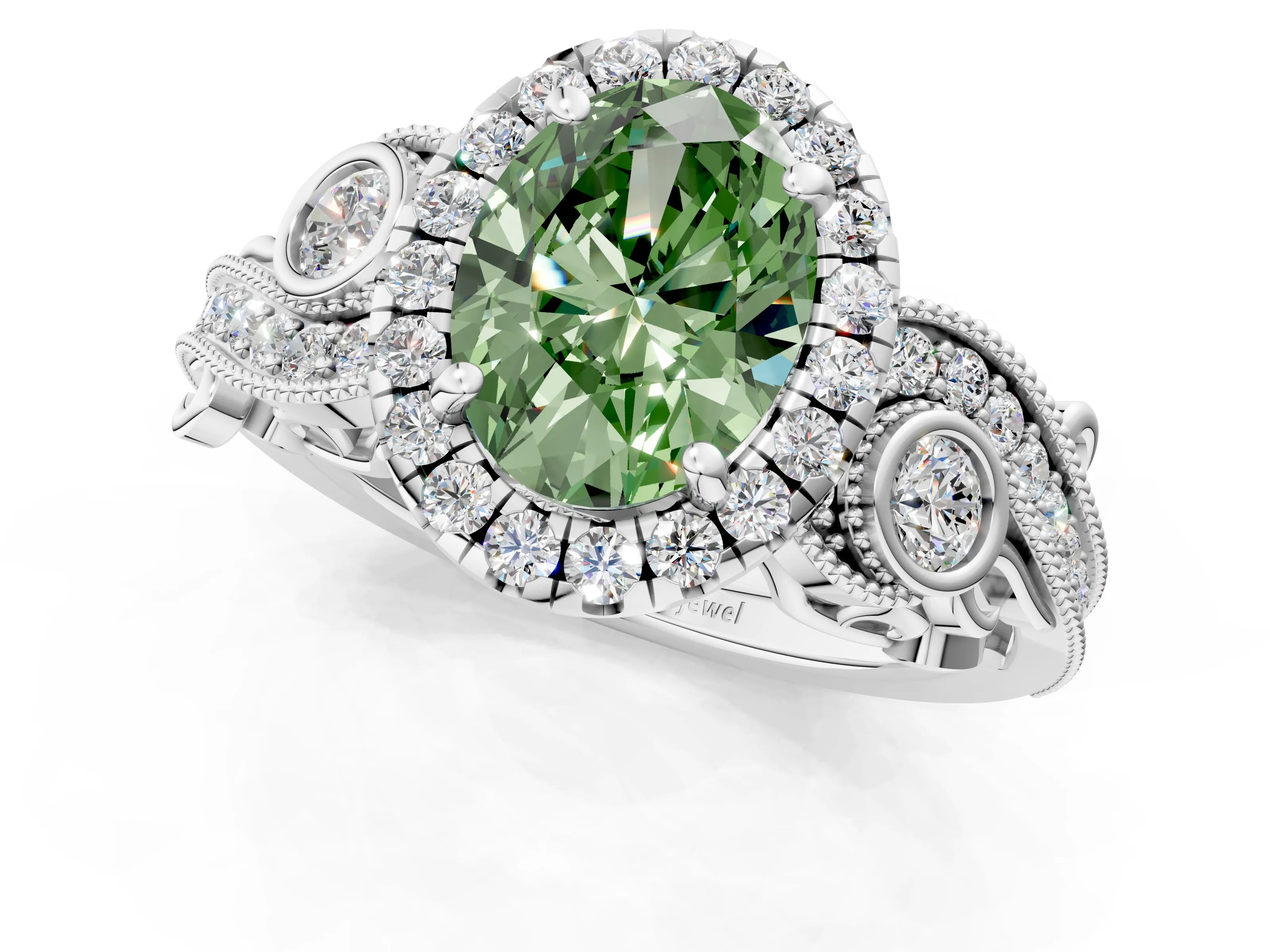 White gold Fancy Green Oval Cut Halo Diamond Ring with Milgrain and Bezel Accents on a Split Shank Band_1