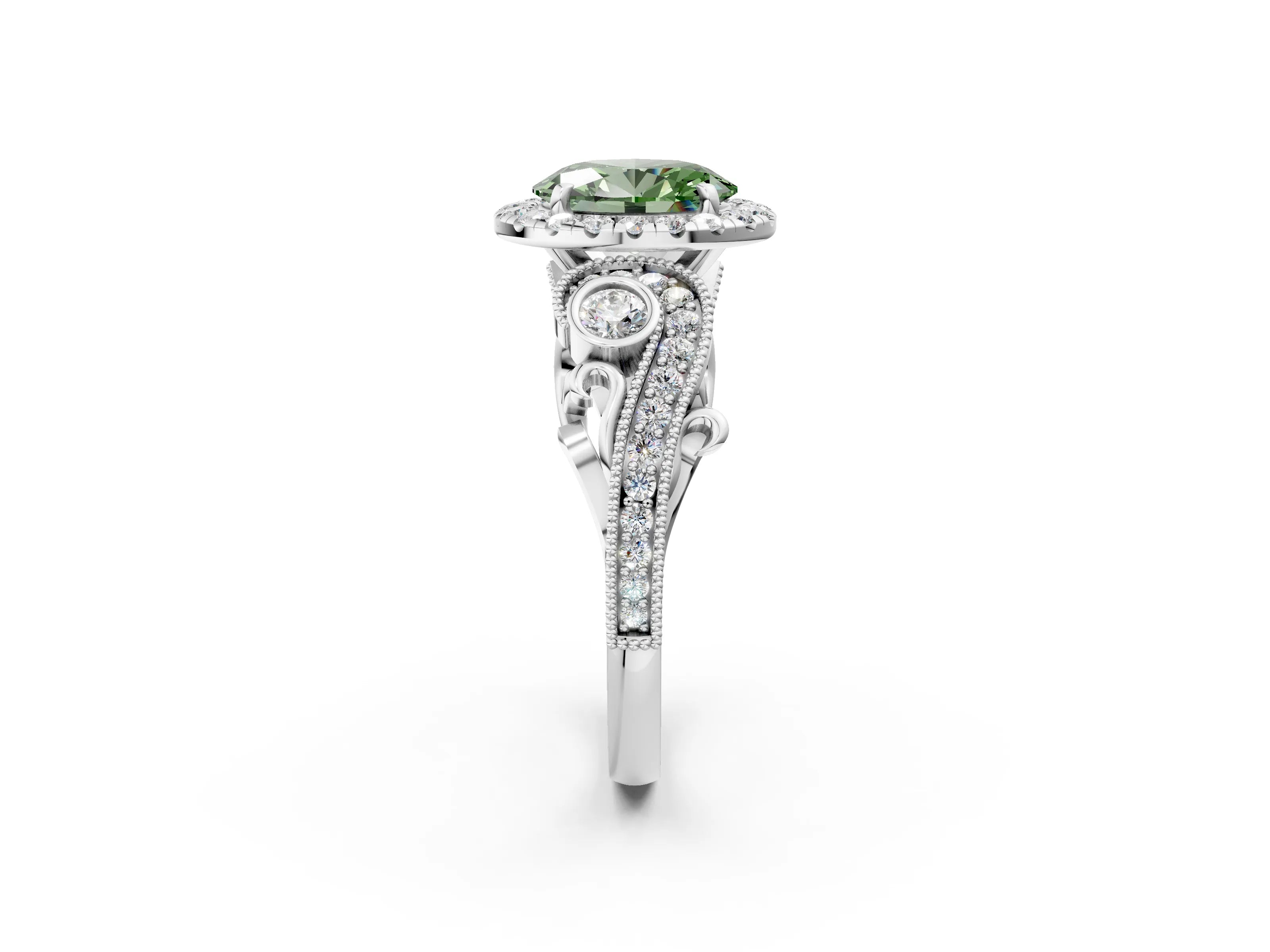 White gold Fancy Green Oval Cut Halo Diamond Ring with Milgrain and Bezel Accents on a Split Shank Band_2