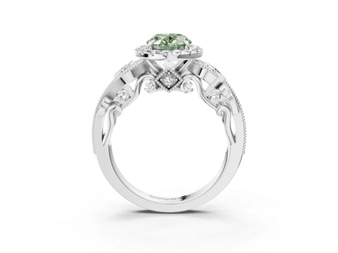 White gold Fancy Green Oval Cut Halo Diamond Ring with Milgrain and Bezel Accents on a Split Shank Band_3