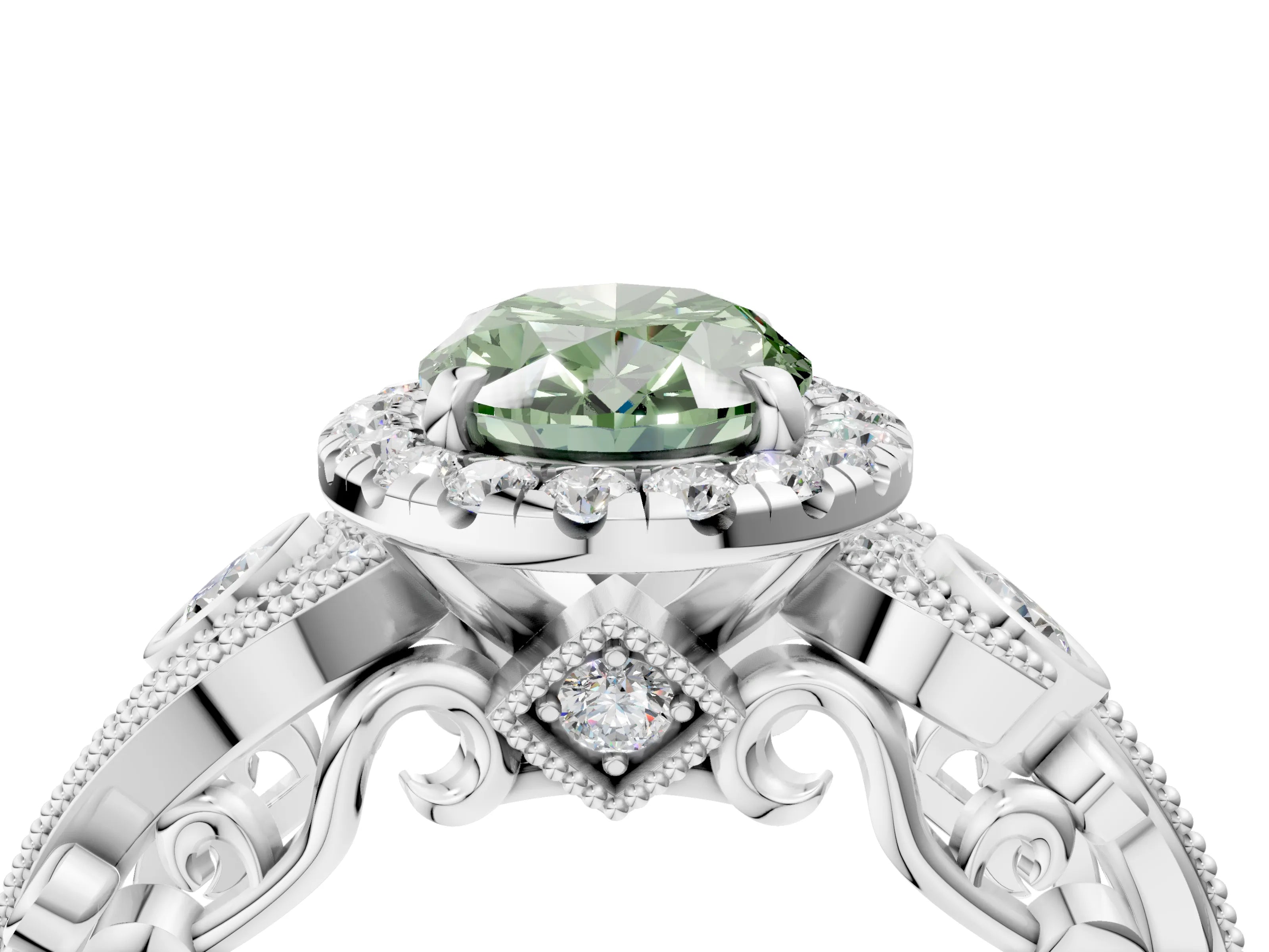 White gold Fancy Green Oval Cut Halo Diamond Ring with Milgrain and Bezel Accents on a Split Shank Band_4