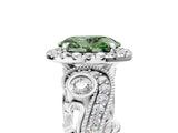 White gold Fancy Green Oval Cut Halo Diamond Ring with Milgrain and Bezel Accents on a Split Shank Band_5