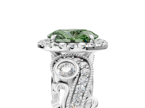 White gold Fancy Green Oval Cut Halo Diamond Ring with Milgrain and Bezel Accents on a Split Shank Band_5
