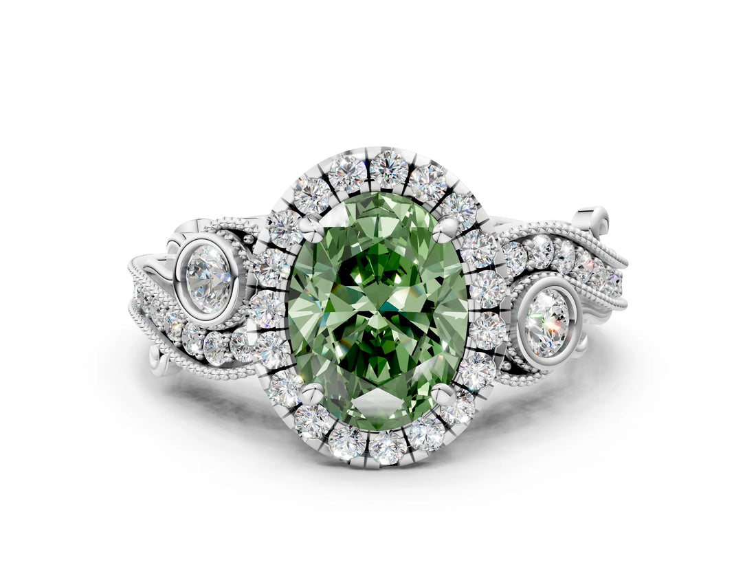 White gold Fancy Green Oval Cut Halo Diamond Ring with Milgrain and Bezel Accents on a Split Shank Band