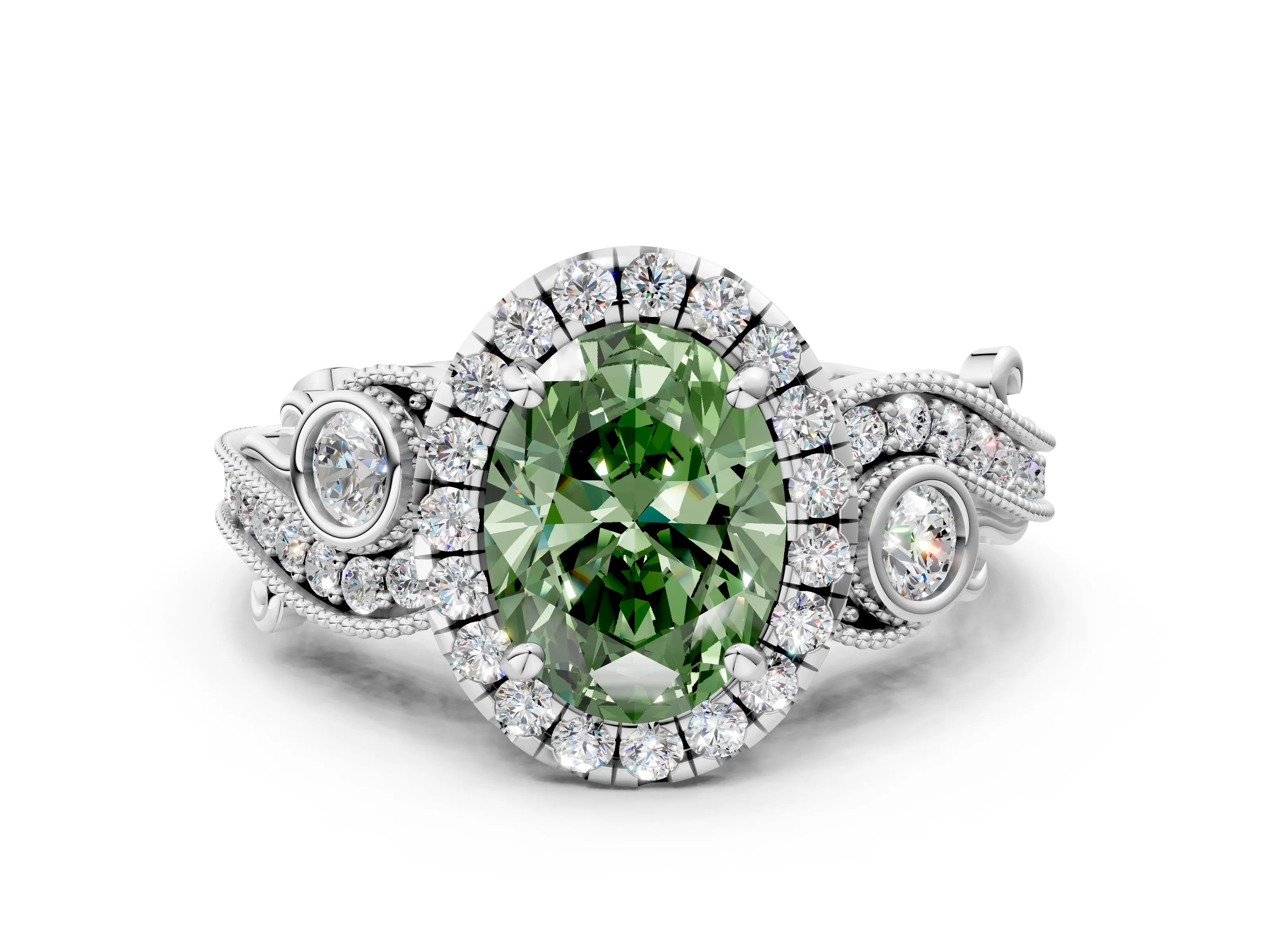 White gold Fancy Green Oval Cut Halo Diamond Ring with Milgrain and Bezel Accents on a Split Shank Band