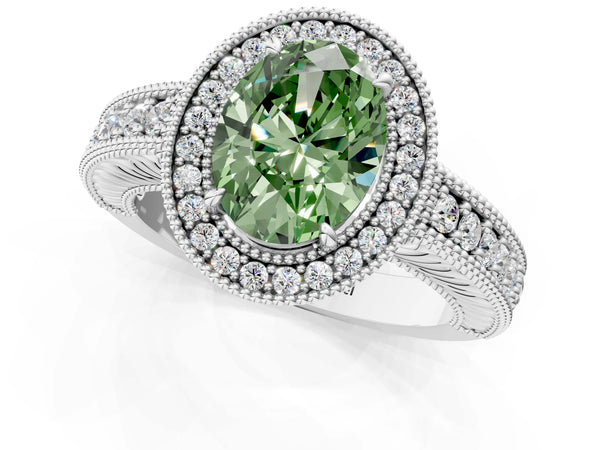 White Gold Oval Vintage Milgrain Halo Engagement Ring Setting for Fancy Green Center with Pave Band