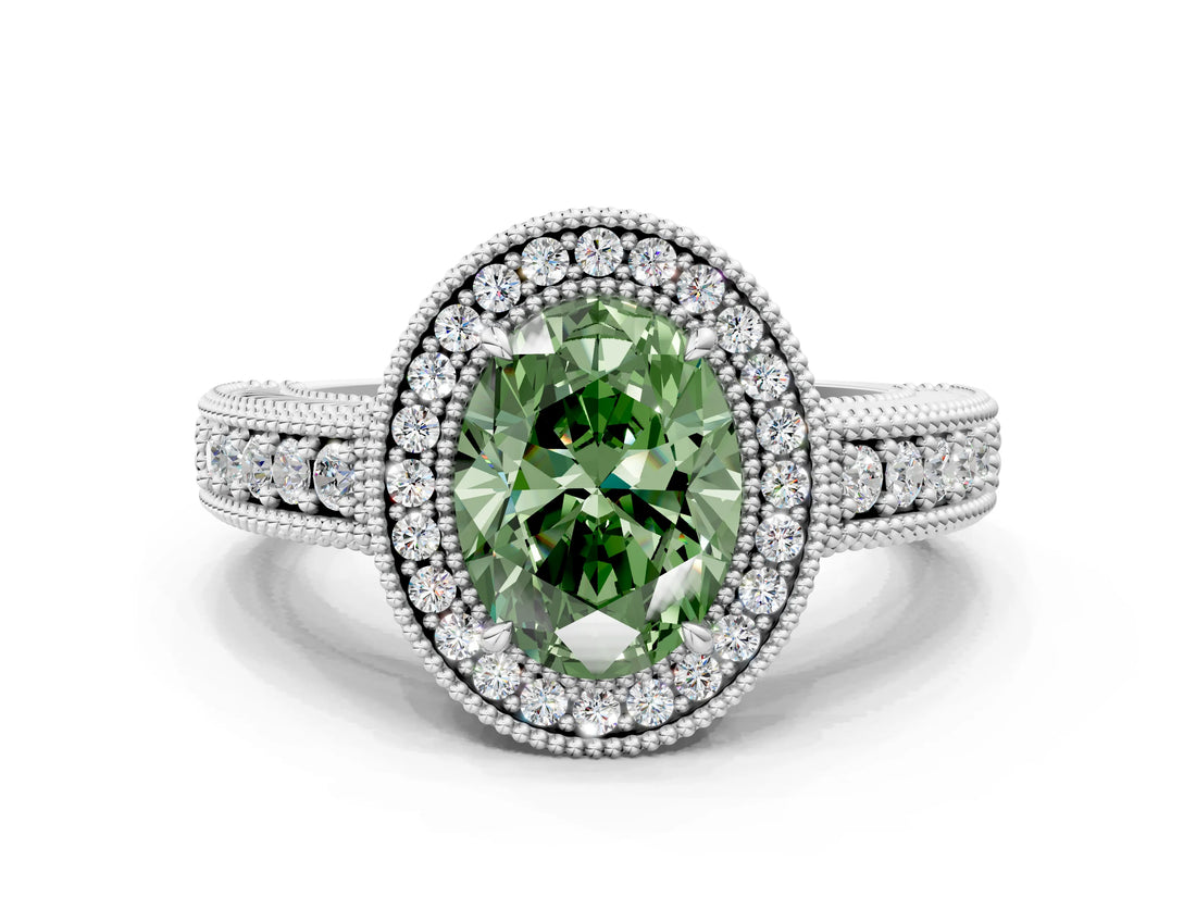 White gold Fancy Green Oval  Cut Halo Diamond Ring with Pavé Band and Four-Prong Setting_109
