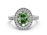 White gold Fancy Green Oval  Cut Halo Diamond Ring with Pavé Band and Milgrain Prong Setting_32