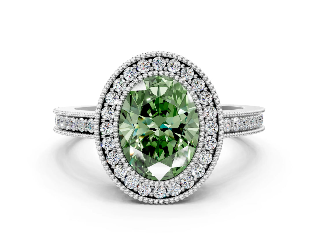 White gold Fancy Green Oval  Cut Halo Diamond Ring with Pavé Band and Milgrain Prong Setting_32