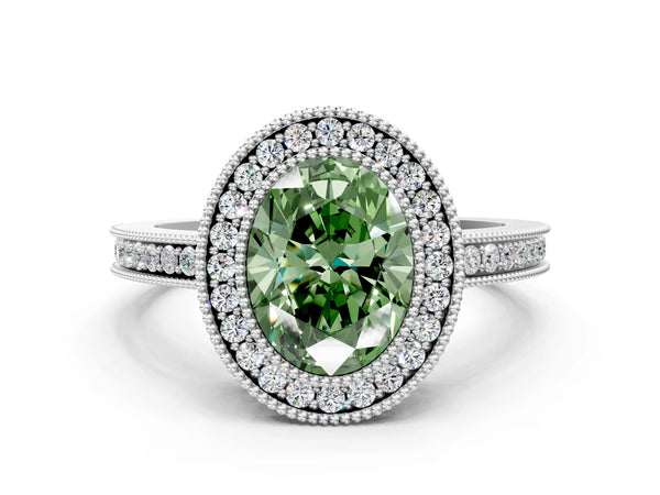 White gold Fancy Green Oval  Cut Halo Diamond Ring with Pavé Band and Milgrain Prong Setting