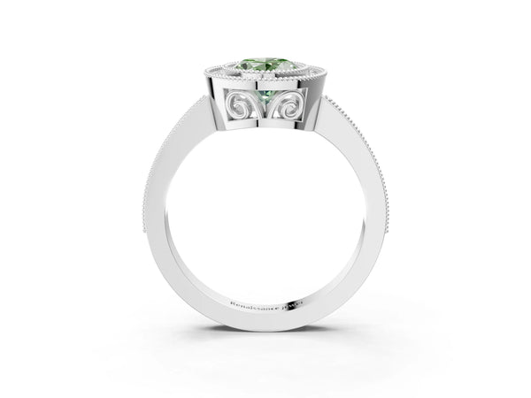 White gold Fancy Green Oval  Cut Halo Diamond Ring with Pavé Band and Milgrain Prong Setting
