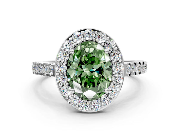 Platinum Fancy Green Oval Cut Halo Diamond Ring with Pavé Band and Three-Prong Setting