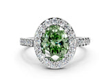 White gold Fancy Green Oval Cut Halo Diamond Ring with Pavé Band and Three-Prong Setting_12