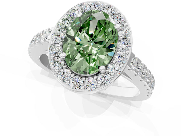 Platinum Fancy Green Oval Cut Halo Diamond Ring with Pavé Band and Three-Prong Setting