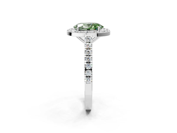 Platinum Fancy Green Oval Cut Halo Diamond Ring with Pavé Band and Three-Prong Setting