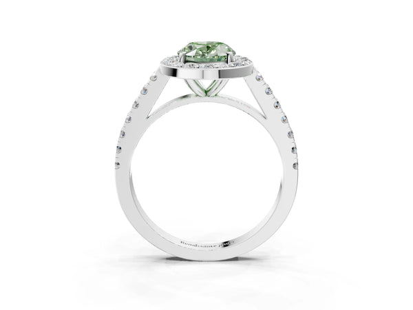 Platinum Fancy Green Oval Cut Halo Diamond Ring with Pavé Band and Three-Prong Setting