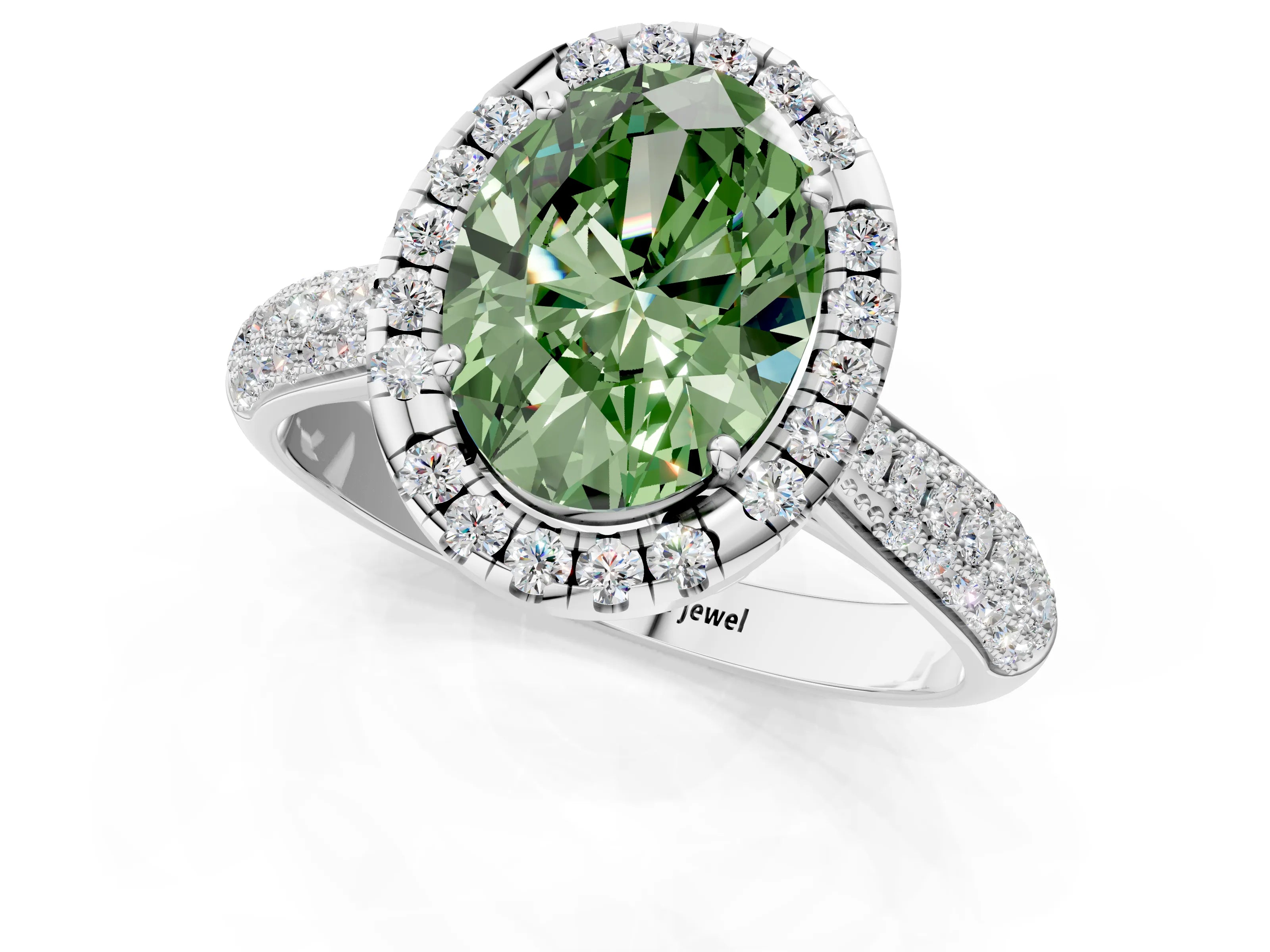 White gold Fancy Green Oval Cut Halo Diamond Ring with Pavé Band_1
