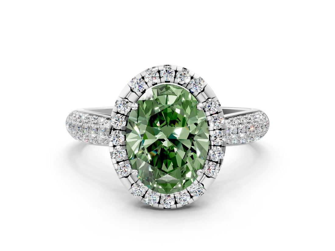 White gold Fancy Green Oval Cut Halo Diamond Ring with Pavé Band_36