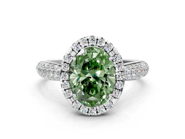 Platinum Fancy Green Oval Cut Halo Diamond Ring with Pavé Band