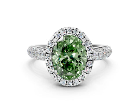 White gold Fancy Green Oval Cut Halo Diamond Ring with Pavé Band_36