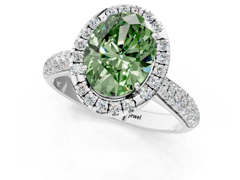 White gold Fancy Green Oval Cut Halo Diamond Ring with Pavé Band_37