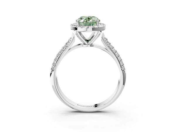 Platinum Fancy Green Oval Cut Halo Diamond Ring with Pavé Band