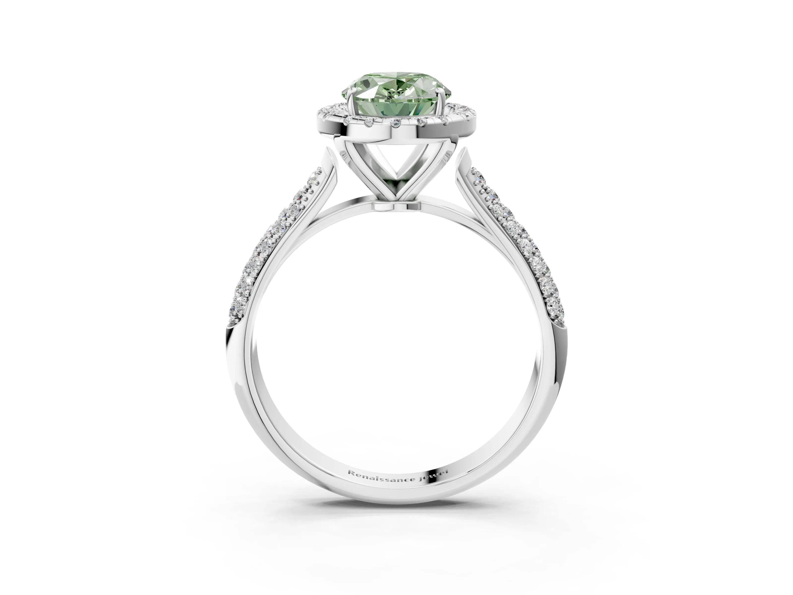 White gold Fancy Green Oval Cut Halo Diamond Ring with Pavé Band_39