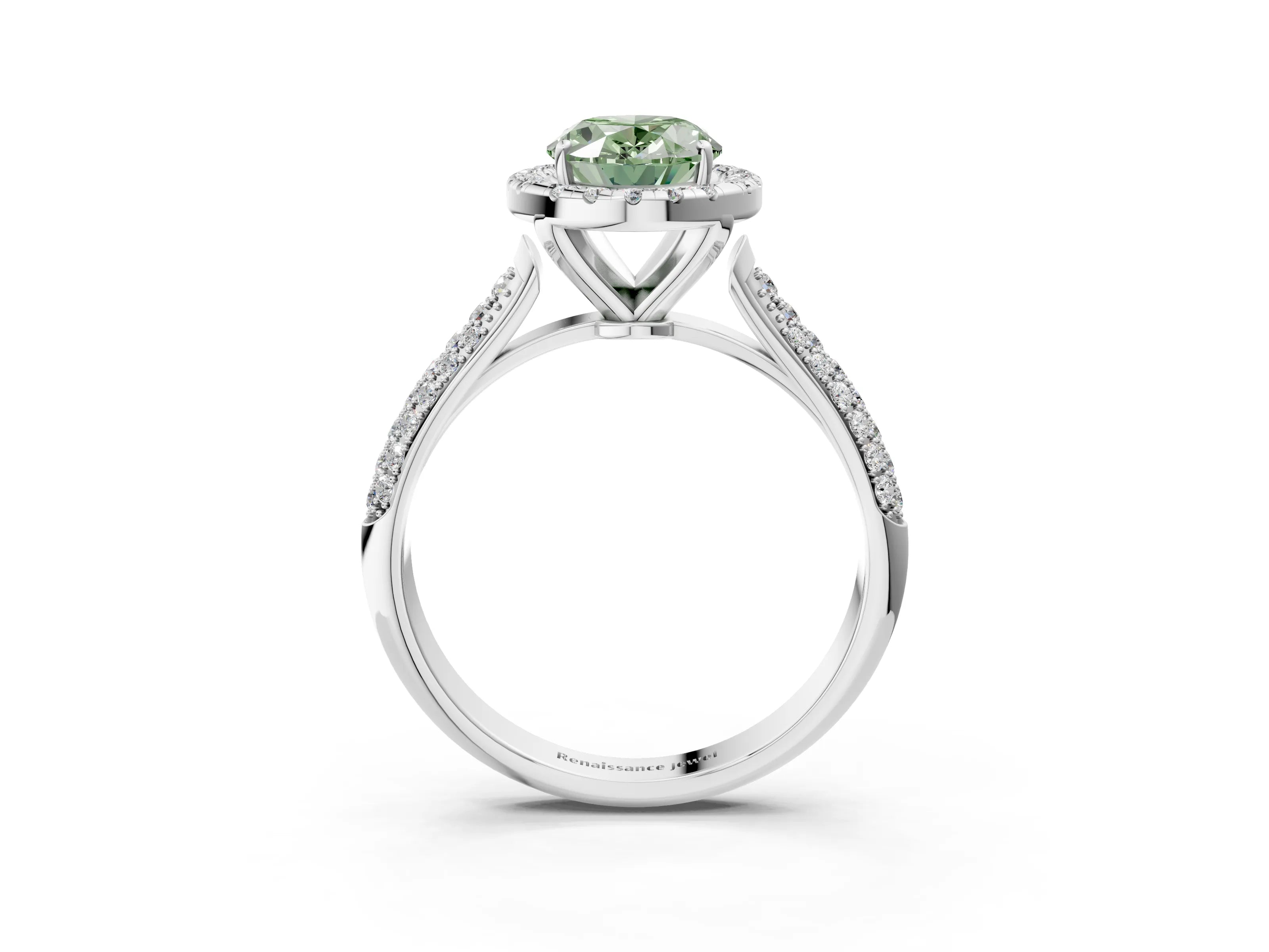 White gold Fancy Green Oval Cut Halo Diamond Ring with Pavé Band_3