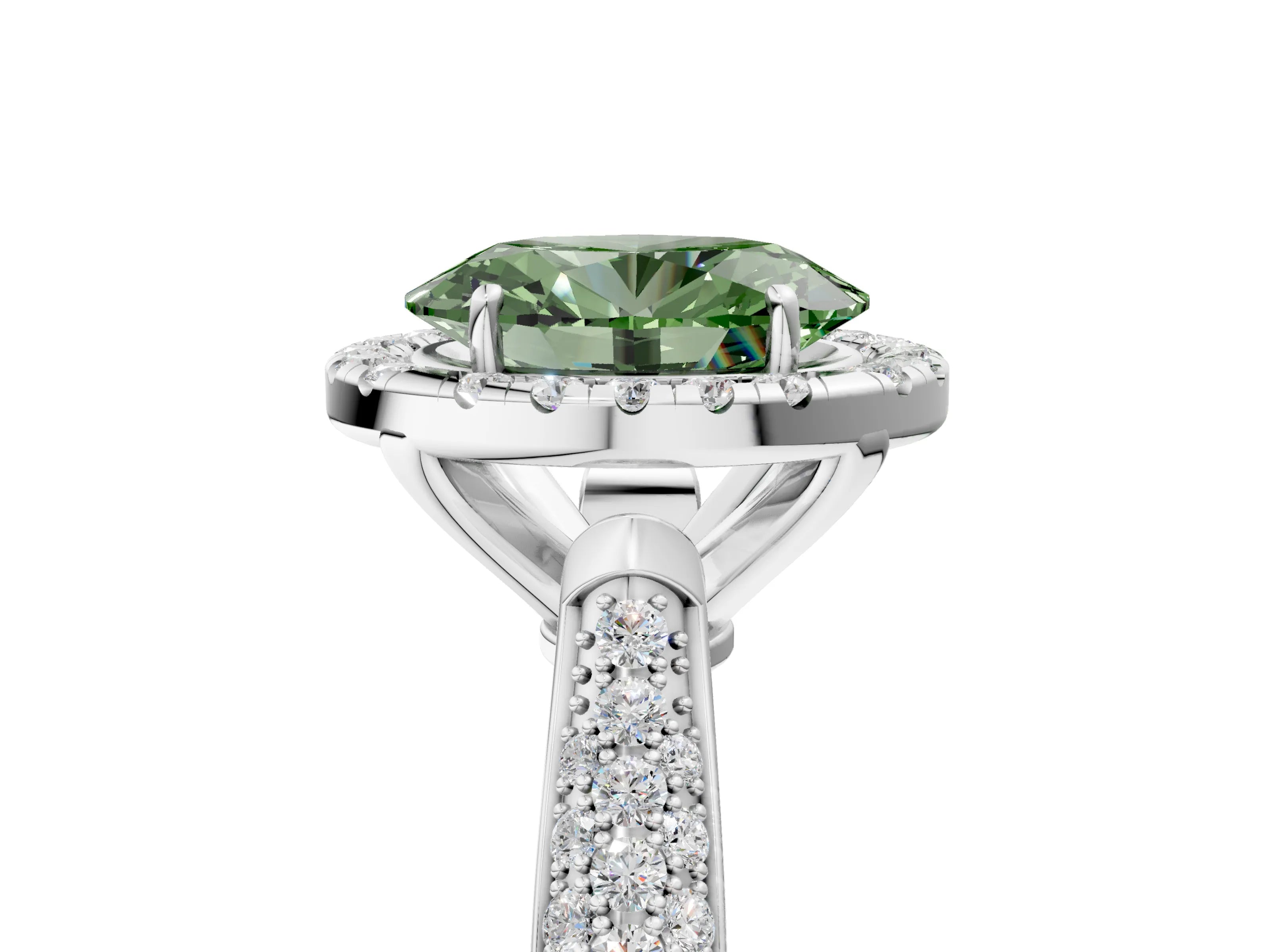 White gold Fancy Green Oval Cut Halo Diamond Ring with Pavé Band_5